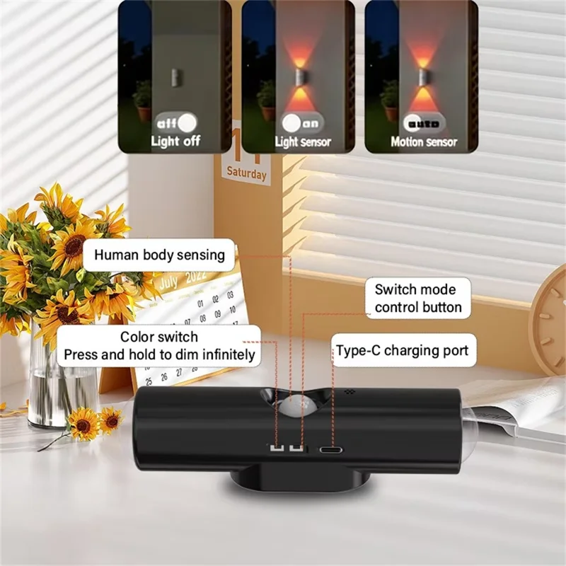 Y04 RGB цветная двухголовая настенная лампа с датчиком движения PIR, перезаряжаемый светильник для коридора - черный