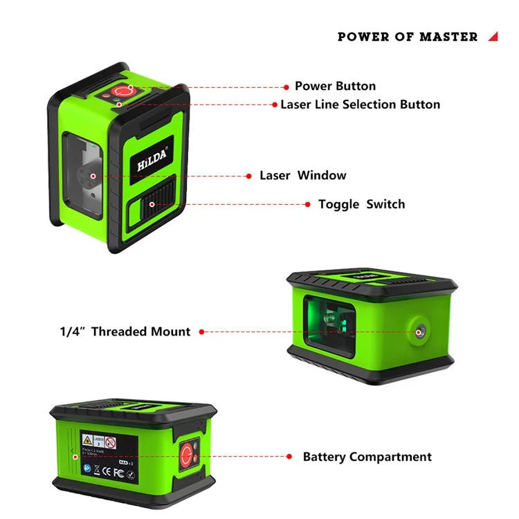 Hilda 2 Lines Cruzar Verde Laser Laser Medidor Horizontal e Vertical Ferramenta de Autonivelamento a Laser (com Suporte de Parede e Bolsa de Armazenamento) - Verde