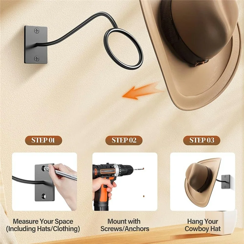 1Pc Wall Mounted Hat Hook Rustproof Carbon Steel Circular Support Baseball Cap Rack - Black