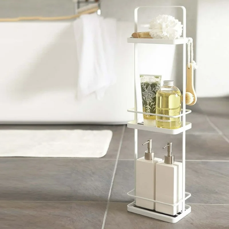 3-Tier Bathroom Storage Rack Carbon Steel Waterproof Floor Standing Narrow Space Saving Organizer Shelf - White