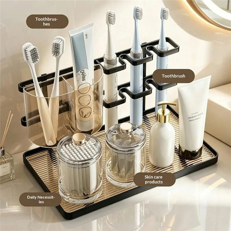Double-Layer Iron Bathroom Storage Rack with PET Box and Non-Slip Base for Toothbrush and Skincare - Black / Coffee Panel