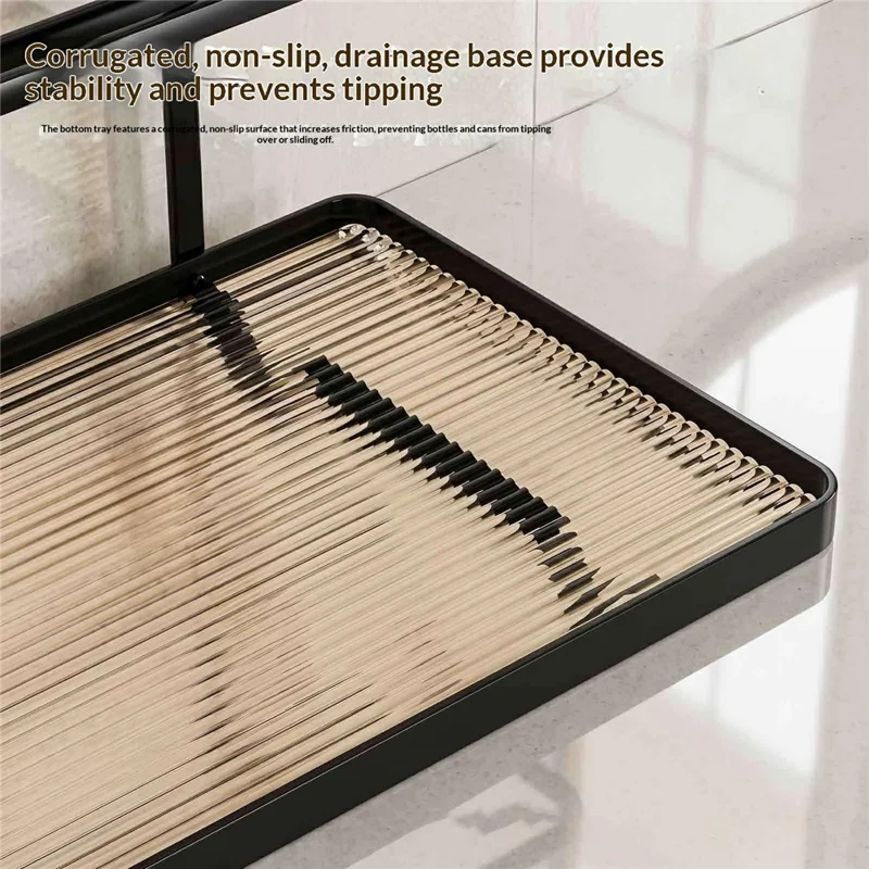 Double-Layer Iron Bathroom Storage Rack with PET Box and Non-Slip Base for Toothbrush and Skincare - Black / Coffee Panel