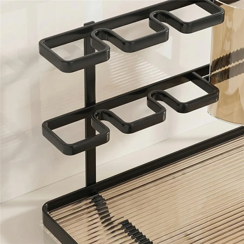 Double-Layer Iron Bathroom Storage Rack with PET Box and Non-Slip Base for Toothbrush and Skincare - Black / Coffee Panel