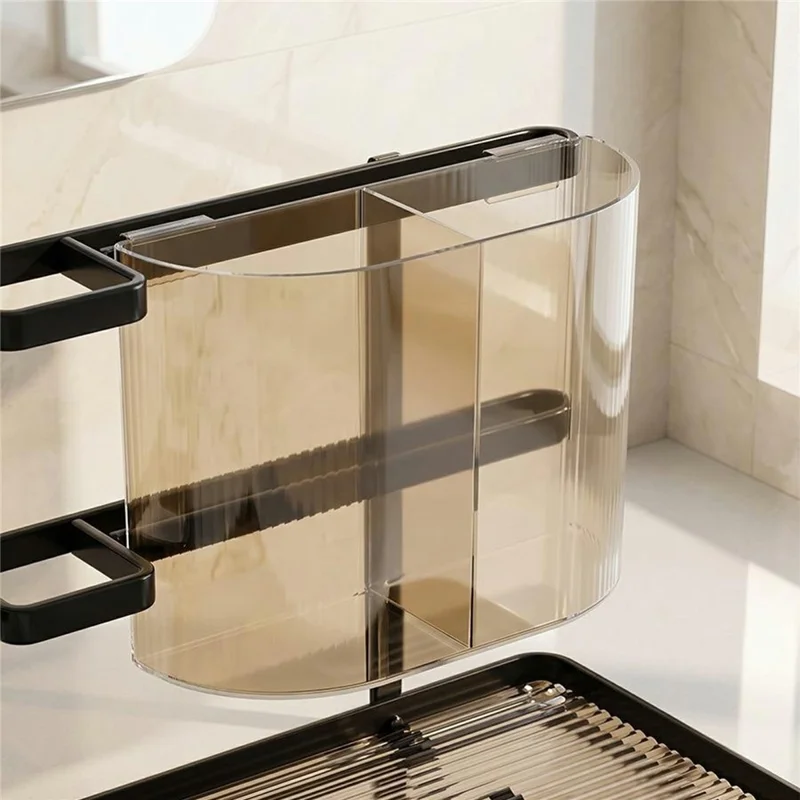 Double-Layer Iron Bathroom Storage Rack with PET Box and Non-Slip Base for Toothbrush and Skincare - Black / Coffee Panel