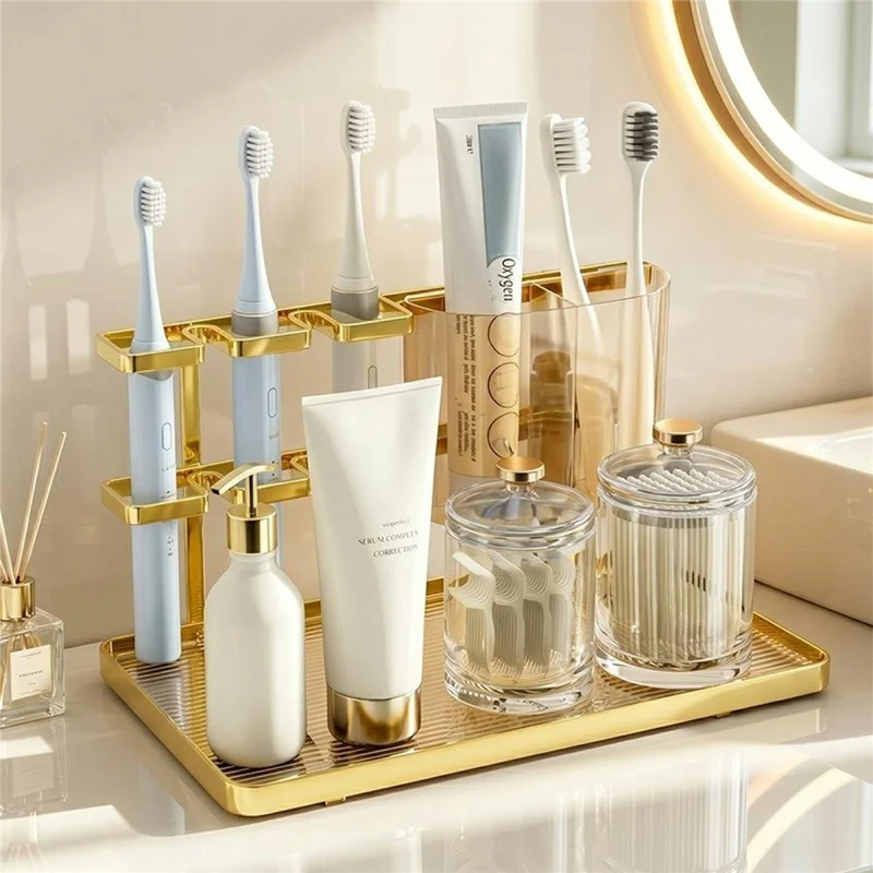 Double-Layer Iron Bathroom Storage Rack with PET Box and Non-Slip Base for Toothbrush and Skincare - Black / Coffee Panel