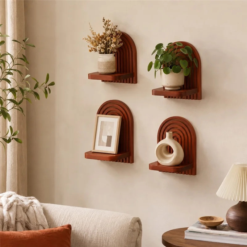 Solid Wood Arched Wall Shelf Display Rack Plant Wall Mount for Home Decor - ms12577