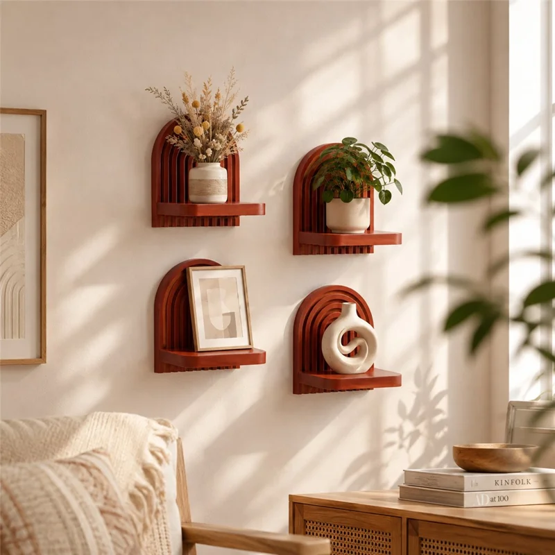 Solid Wood Arched Wall Shelf Display Rack Plant Wall Mount for Home Decor - ms12577
