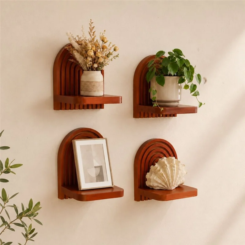 Solid Wood Arched Wall Shelf Display Rack Plant Wall Mount for Home Decor - ms12577