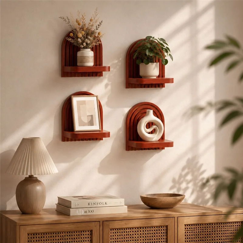 Solid Wood Arched Wall Shelf Display Rack Plant Wall Mount for Home Decor - ms12577