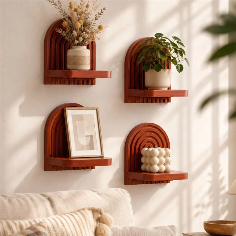 Solid Wood Arched Wall Shelf Display Rack Plant Wall Mount for Home Decor - ms12577