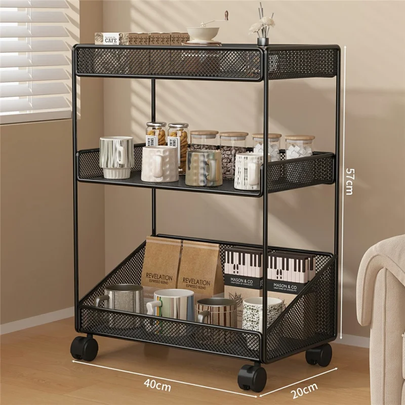 Size L 3-Tier Iron Storage Rack with Wheels Open Mesh Design for Home, 40 x 20 x 57cm - Black