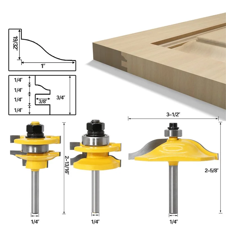Conjunto de 3 Brocas para Router com Haste de 1/4" para Marcenaria, Cortador de Madeira, Gravação e Fresagem