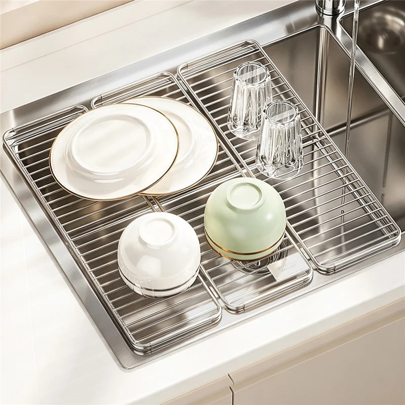 Sink Drying Rack 304 Stainless Steel Foldable Tri-fold Dish Drainer No Drill Installation Storage Organizer for Kitchen - Silver