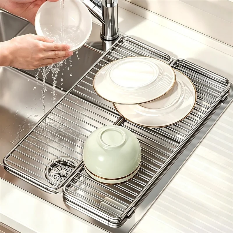 Sink Drying Rack 304 Stainless Steel Foldable Tri-fold Dish Drainer No Drill Installation Storage Organizer for Kitchen - Silver