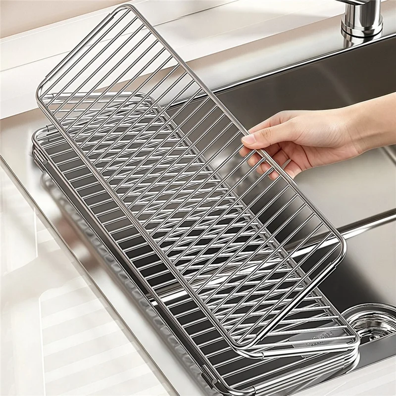 Sink Drying Rack 304 Stainless Steel Foldable Tri-fold Dish Drainer No Drill Installation Storage Organizer for Kitchen - Silver