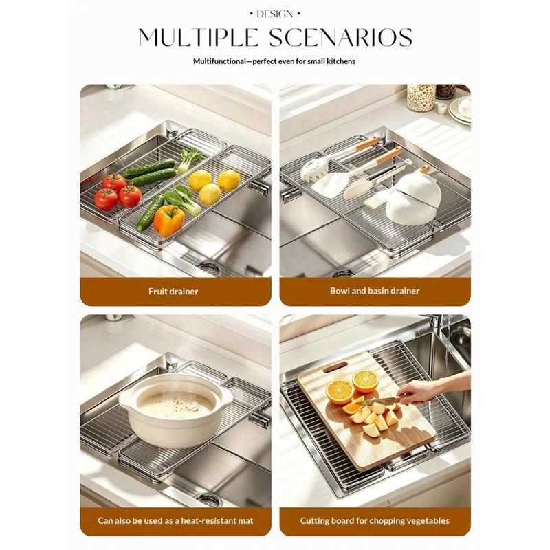 Sink Drying Rack 304 Stainless Steel Foldable Tri-fold Dish Drainer No Drill Installation Storage Organizer for Kitchen - Silver