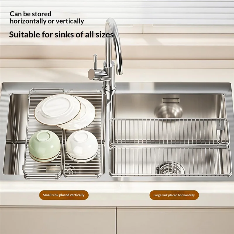 Sink Drying Rack 304 Stainless Steel Foldable Tri-fold Dish Drainer No Drill Installation Storage Organizer for Kitchen - Silver