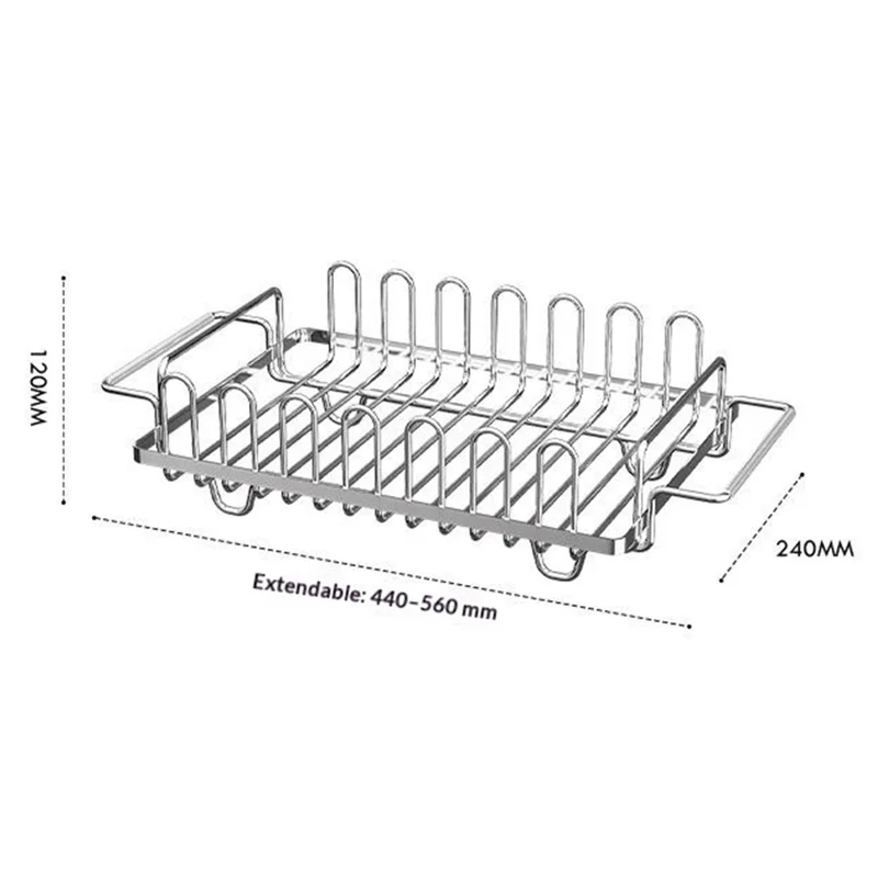 Kitchen Sink Dish Drying Rack Expandable 440-560mm Stainless Steel + Silicone Multi-Functional Storage Organizer - Silver