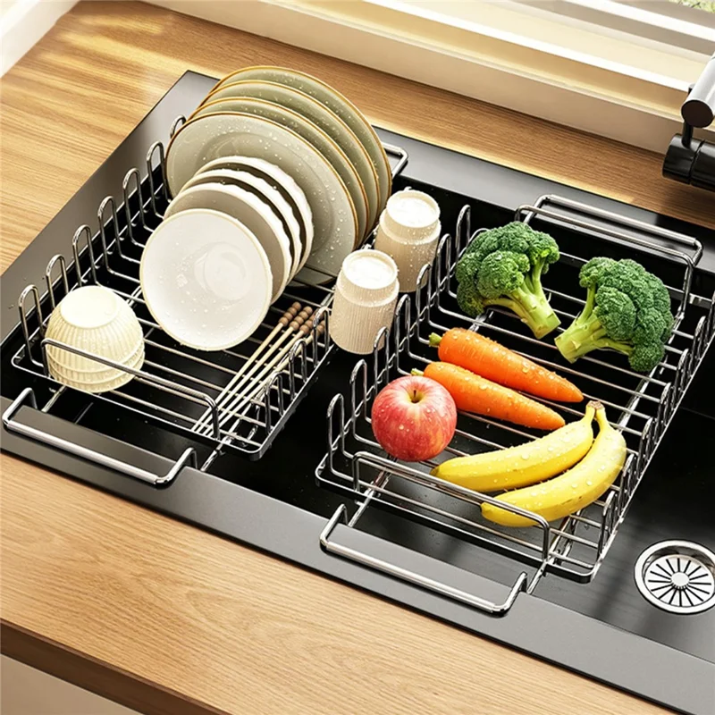 Kitchen Sink Dish Drying Rack Expandable 440-560mm Stainless Steel + Silicone Multi-Functional Storage Organizer - Silver