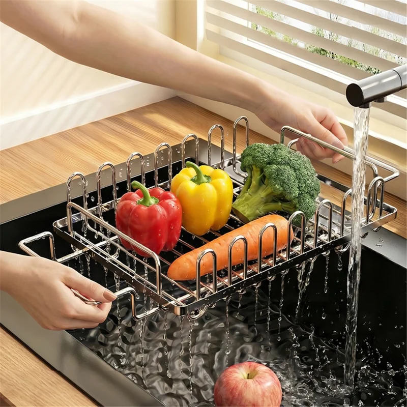 Kitchen Sink Dish Drying Rack Expandable 440-560mm Stainless Steel + Silicone Multi-Functional Storage Organizer - Silver