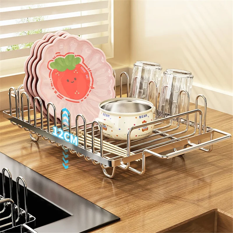 Kitchen Sink Dish Drying Rack Expandable 440-560mm Stainless Steel + Silicone Multi-Functional Storage Organizer - Silver