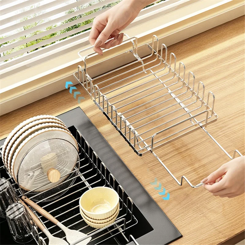 Kitchen Sink Dish Drying Rack Expandable 440-560mm Stainless Steel + Silicone Multi-Functional Storage Organizer - Silver