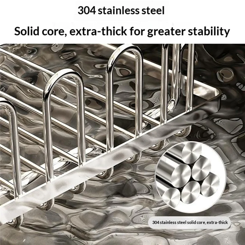 Kitchen Sink Dish Drying Rack Expandable 440-560mm Stainless Steel + Silicone Multi-Functional Storage Organizer - Silver