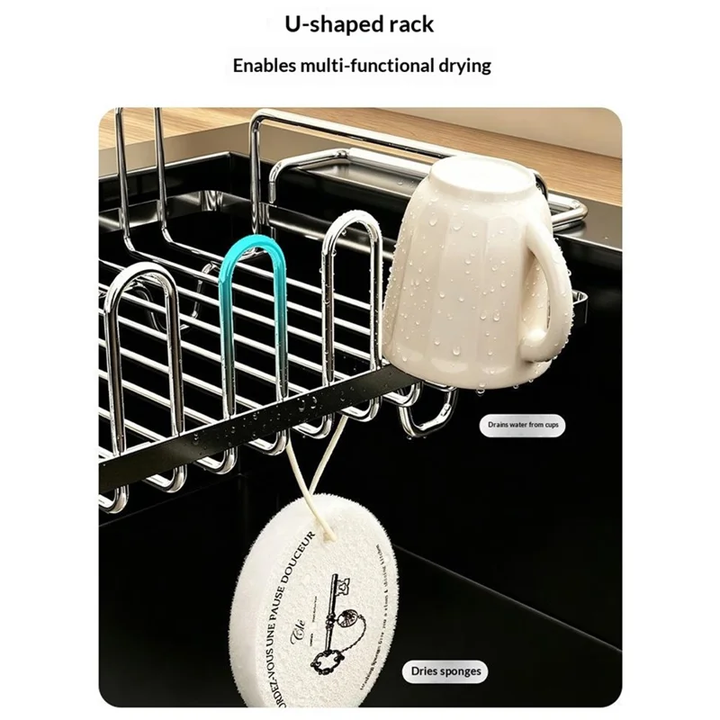 Kitchen Sink Dish Drying Rack Expandable 440-560mm Stainless Steel + Silicone Multi-Functional Storage Organizer - Silver