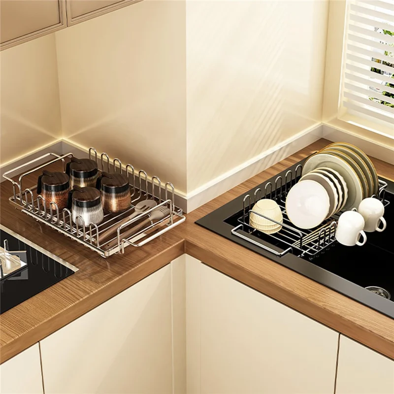 Kitchen Sink Dish Drying Rack Expandable 440-560mm Stainless Steel + Silicone Multi-Functional Storage Organizer - Silver