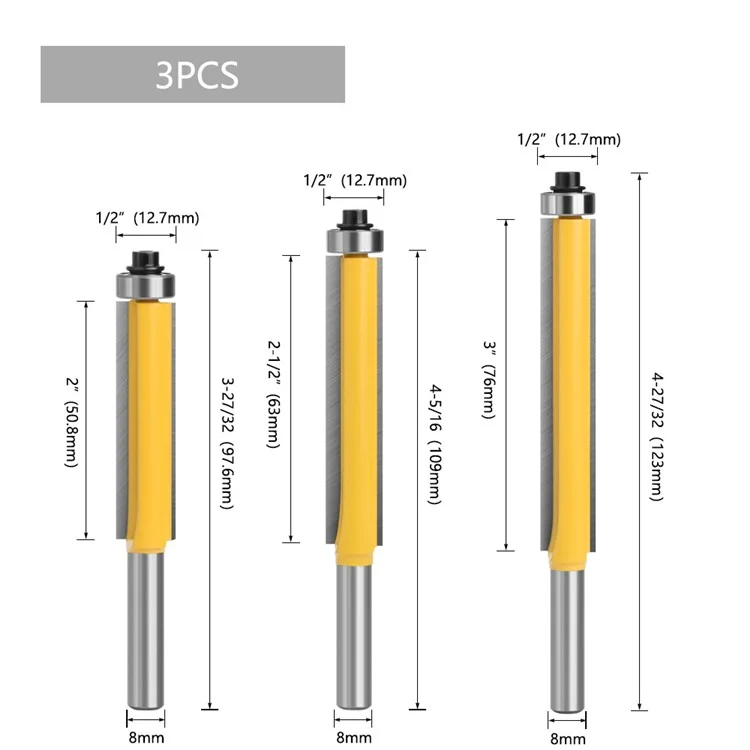 3Pcs / Set 8mm Shank Wood Trimmer Router Hard Cutter Woodworking Long Plunge Knife with Plastic Box