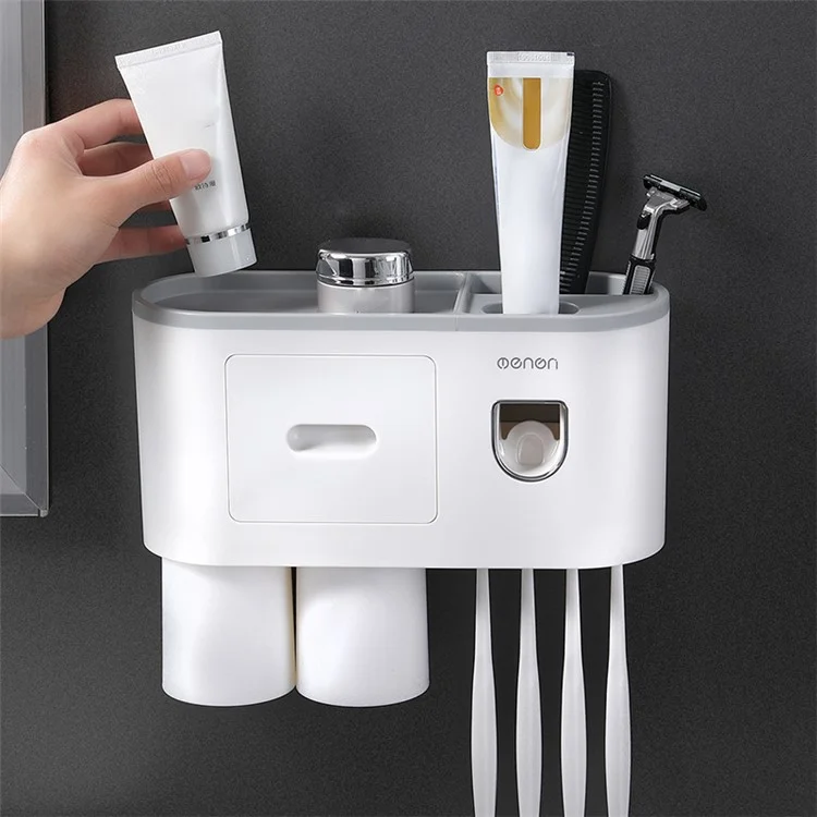 MENGNI Porte-brosse à dents mural de salle de bain avec 2 tasses, distributeur de dentifrice amovible, 4 emplacements pour brosse - Gris