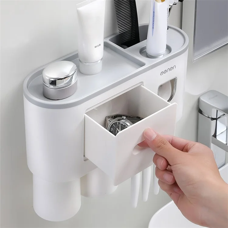 MENGNI Porte-brosse à dents mural de salle de bain avec 2 tasses, distributeur de dentifrice amovible, 4 emplacements pour brosse - Gris