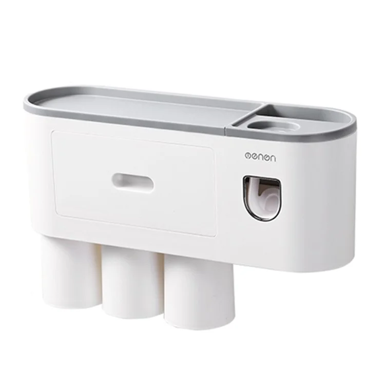 Soporte de cepillo de dientes montado en la pared MENGNI con dispensador de pasta de dientes, 4 ranuras para cepillos para baños - Gris