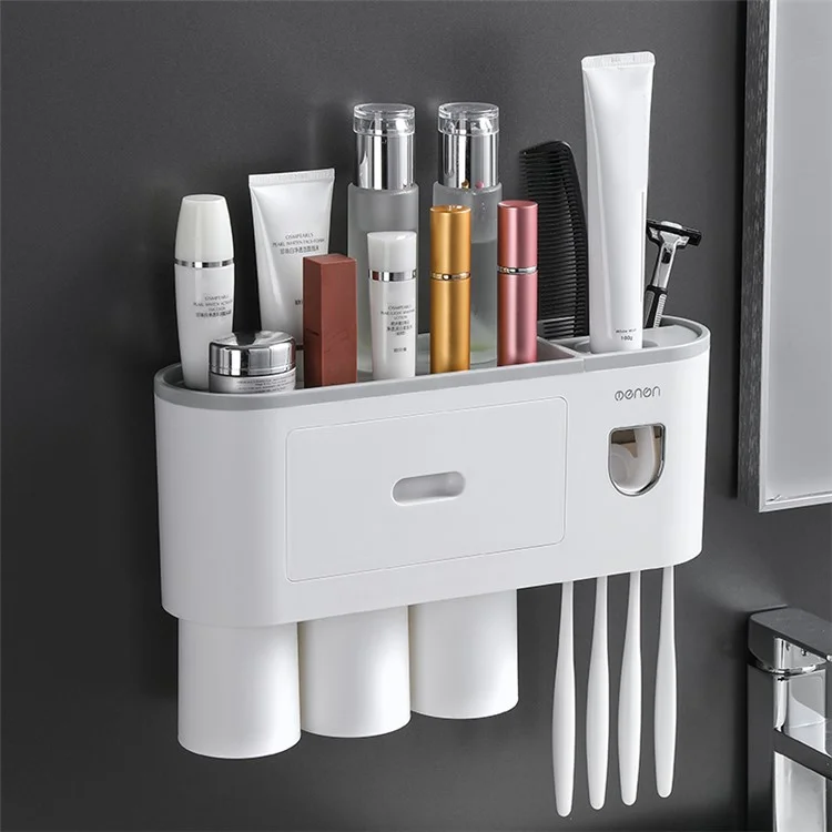 Soporte de cepillo de dientes montado en la pared MENGNI con dispensador de pasta de dientes, 4 ranuras para cepillos para baños - Gris