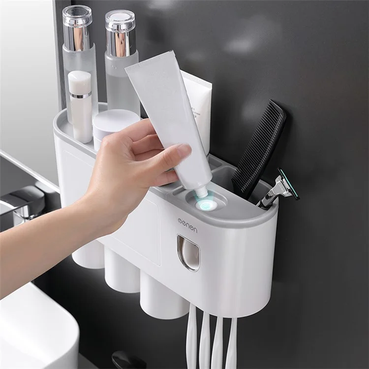 Soporte de cepillo de dientes montado en la pared MENGNI con dispensador de pasta de dientes, 4 ranuras para cepillos para baños - Gris