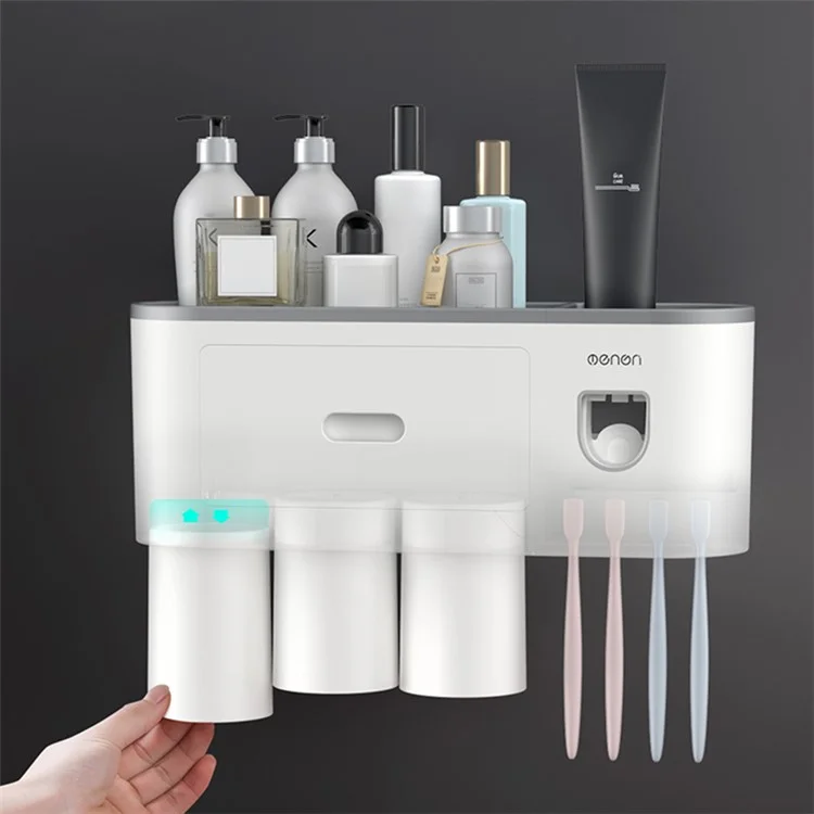 Soporte de cepillo de dientes montado en la pared MENGNI con dispensador de pasta de dientes, 4 ranuras para cepillos para baños - Gris