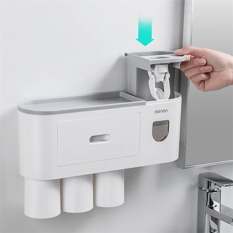 Soporte de cepillo de dientes montado en la pared MENGNI con dispensador de pasta de dientes, 4 ranuras para cepillos para baños - Gris