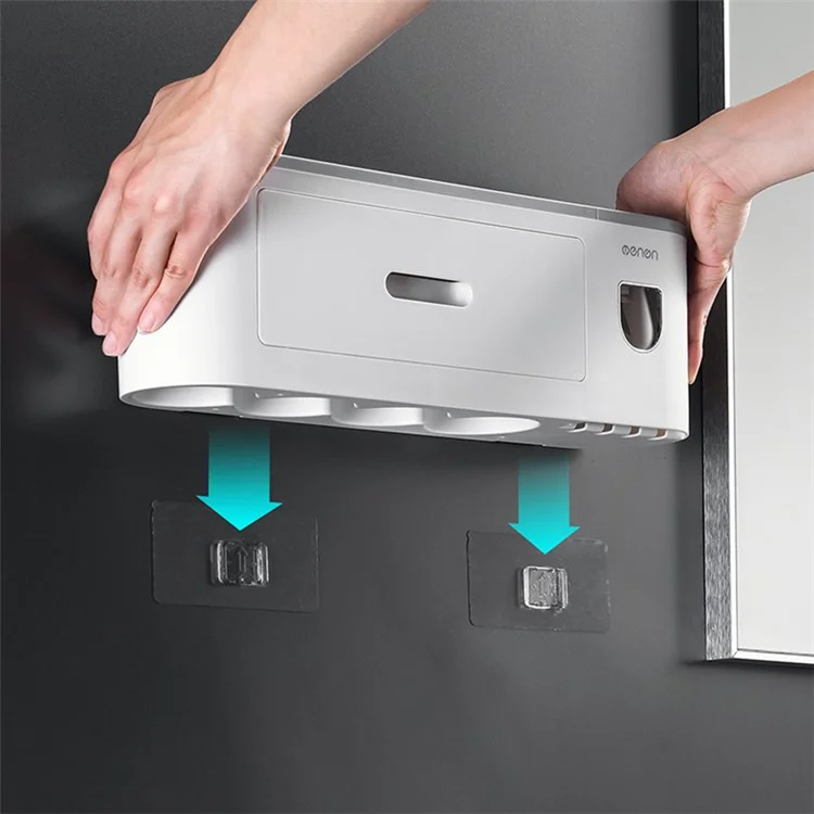 MENGNI Baños 4 tazas Soporte para cepillos de dientes montado en la pared con dispensador de pasta de dientes, 4 espacios para cepillos, cajón - Gris