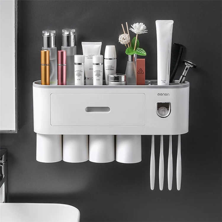 MENGNI Baños 4 tazas Soporte para cepillos de dientes montado en la pared con dispensador de pasta de dientes, 4 espacios para cepillos, cajón - Gris