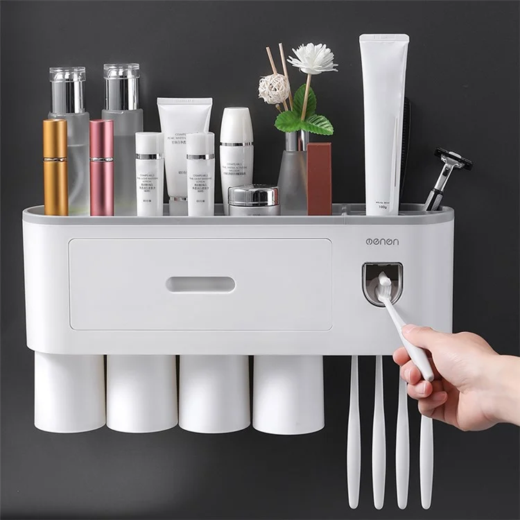 MENGNI Baños 4 tazas Soporte para cepillos de dientes montado en la pared con dispensador de pasta de dientes, 4 espacios para cepillos, cajón - Gris
