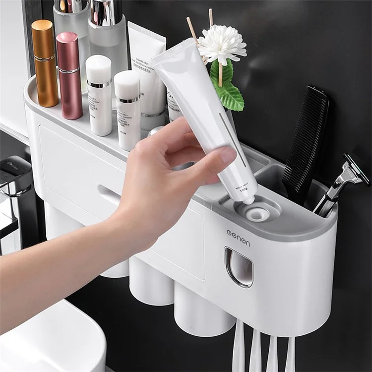 MENGNI Baños 4 tazas Soporte para cepillos de dientes montado en la pared con dispensador de pasta de dientes, 4 espacios para cepillos, cajón - Gris