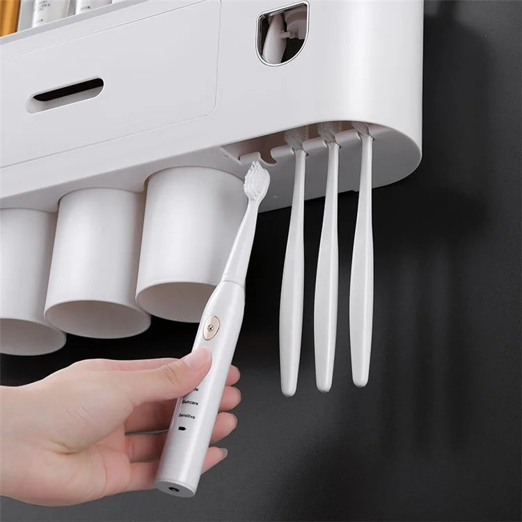 MENGNI Baños 4 tazas Soporte para cepillos de dientes montado en la pared con dispensador de pasta de dientes, 4 espacios para cepillos, cajón - Gris
