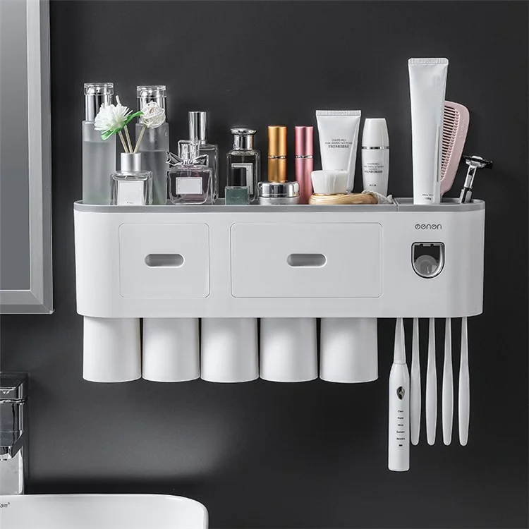 MENGNI Bathrooms Wall Mounted 5 Cups Toothbrush Holder with Toothpaste Dispenser, 5 Brush Slot, 2 Drawer - Grey