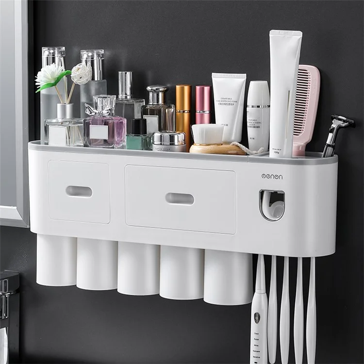 MENGNI Bathrooms Wall Mounted 5 Cups Toothbrush Holder with Toothpaste Dispenser, 5 Brush Slot, 2 Drawer - Grey