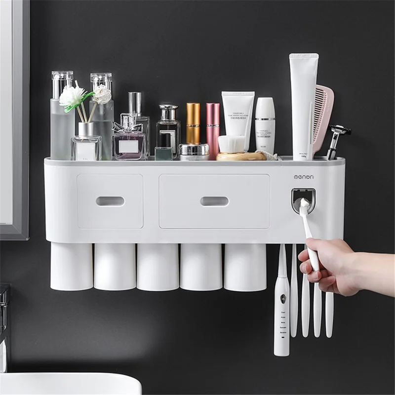 MENGNI Bathrooms Wall Mounted 5 Cups Toothbrush Holder with Toothpaste Dispenser, 5 Brush Slot, 2 Drawer - Grey