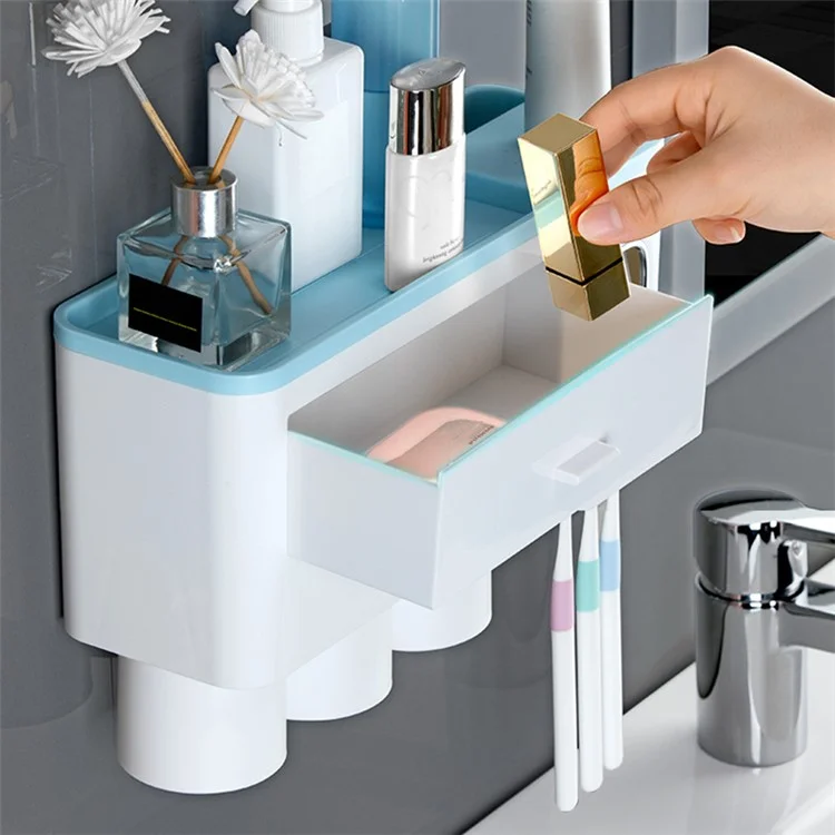 ASWEI A1909 3 Cups Toothbrush Holder Wall Mounted with Toothpaste Dispenser, Tray, Drawer, and 3 Brush Slots for Bathrooms - Blue