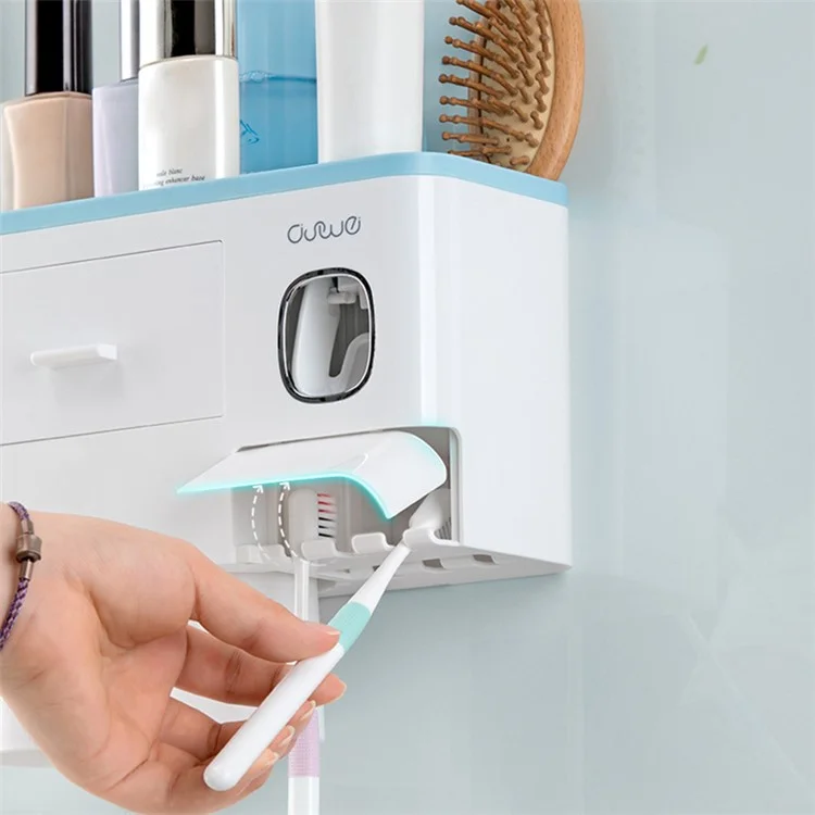 ASWEI A1909 3 Cups Toothbrush Holder Wall Mounted with Toothpaste Dispenser, Tray, Drawer, and 3 Brush Slots for Bathrooms - Blue