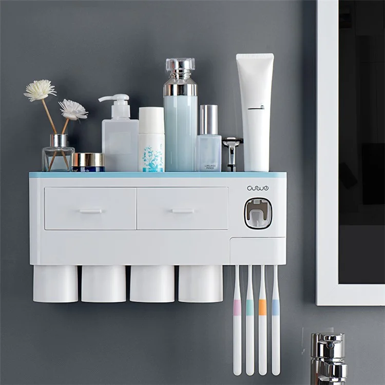 ASWEI A1910 Baños Montado en la Pared 4 Tazas Soporte de Cepillo de Dientes con Dispensador de Pasta de Dientes, Bandeja, 2 Cajón, 4 Ranura de Cepillo - Azul