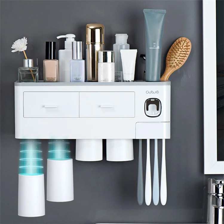 ASWEI A1910 Baños Montado en la Pared 4 Tazas Soporte de Cepillo de Dientes con Dispensador de Pasta de Dientes, Bandeja, 2 Cajón, 4 Ranura de Cepillo - Azul