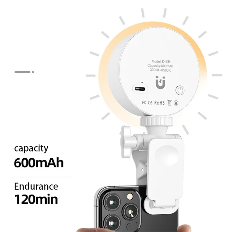 K-36 Clip-On Ring Light Rechargeable LED Selfie Fill Light per Cellulare, Laptop, Tablet, Fotocamera